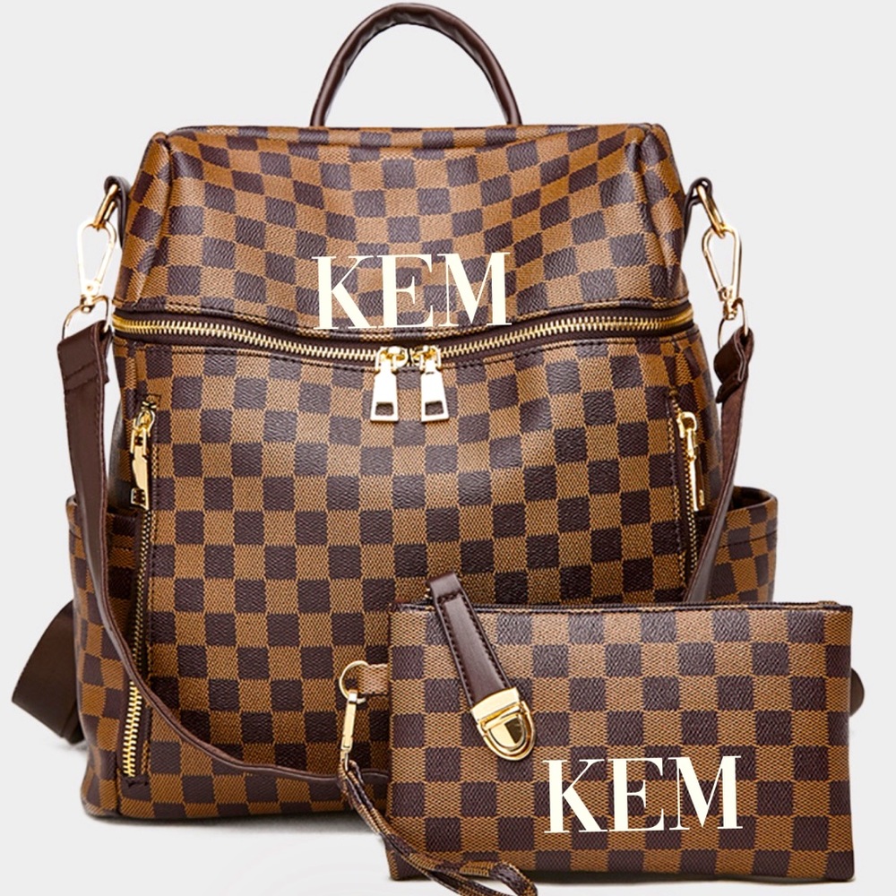 Custom checkered zip backpack wristlet wallet set